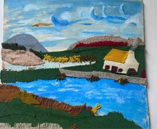 Vintage Upcycled Mixed-Media Textile & Painted Landscape Art unframed