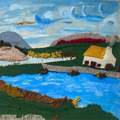 Vintage Upcycled Mixed-Media Textile & Painted Landscape Art unframed
