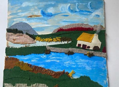 Vintage Upcycled Mixed-Media Textile & Painted Landscape Art unframed