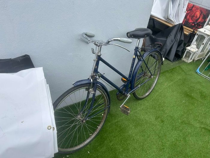Vintage Raleigh roadster (navy blue, "All-Steel Bicycle")