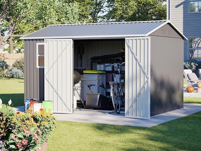 8 x 10 ft Outdoor Storage Shed Galvanized Metal Bike Shed, Tiny House Garden Tool Storage with Air Vent and Slide Door for Backyard Patio Lawn, Gray