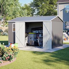 8 x 10 ft Outdoor Storage Shed Galvanized Metal Bike Shed, Tiny House Garden Tool Storage with Air Vent and Slide Door for Backyard Patio Lawn, Gray
