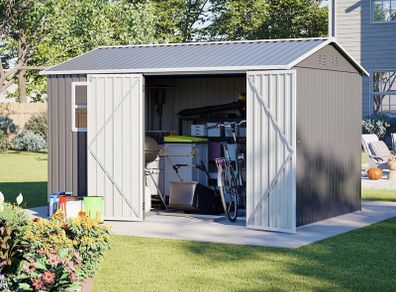 8 x 10 ft Outdoor Storage Shed Galvanized Metal Bike Shed, Tiny House Garden Tool Storage with Air Vent and Slide Door for Backyard Patio Lawn, Gray