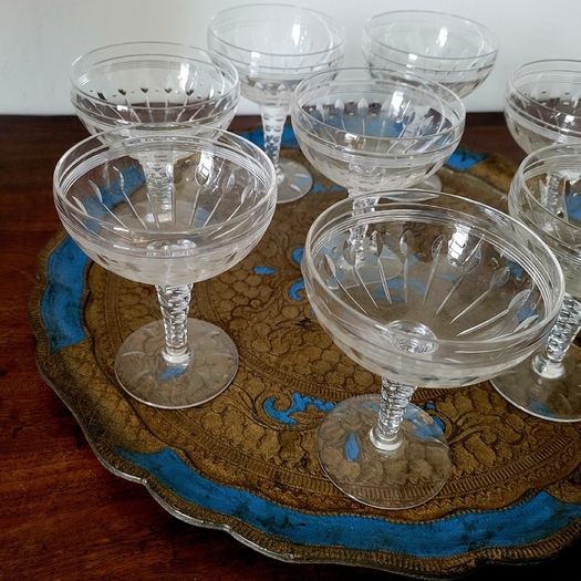 Mid-century Stuart England "Oleta" cut crystal champagne coupes x 8