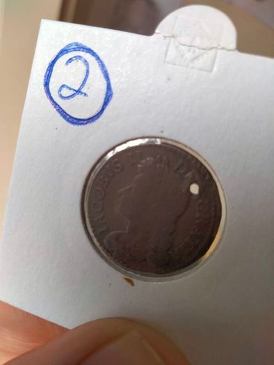 1689 July 6P Gunmoney No Stops on Obverse