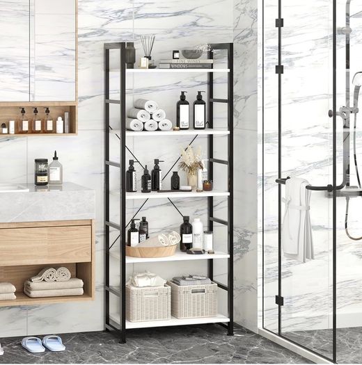 Industrial Bookshelf, 5-Tier 24.8" White Shelving Unit Wood Bookcase with Open Shelves, Rustic Standing Bookshelves Metal Frame Display Rack for Living Room,Bedroom, White