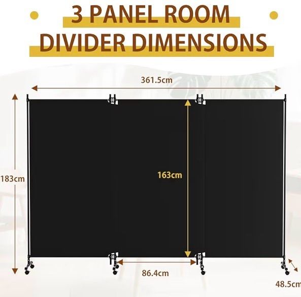 3 Panel Upgraded Room Divider Folding Privacy Screen, Freestanding Partition with Lockable Wheels, Room Separation for Home Office Bedroom, 262cm (W) x 183cm (H), Black