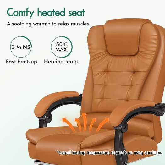 Executive Office Chair with 8 Point Massage & Seat Heated, Home PC Gaming Chairs with Footrest, High Back 150 Reclining Executive Desk Chair with Padded Armrest, PU Leather, Brown