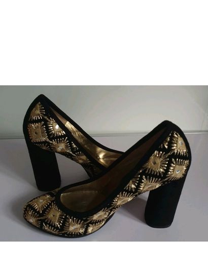 Le Babe Mirror 5019 Black Gold Embroidered Block Heel Court Shoes EU36 BNIB CAN POST