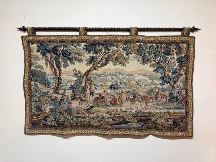 Vintage Hunting Scene Tapestry with Iron Rail