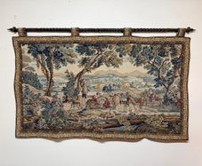 Vintage Hunting Scene Tapestry with Iron Rail