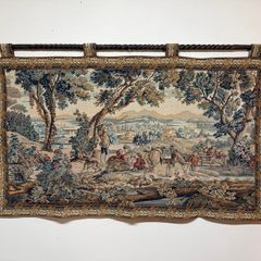 Vintage Hunting Scene Tapestry with Iron Rail
