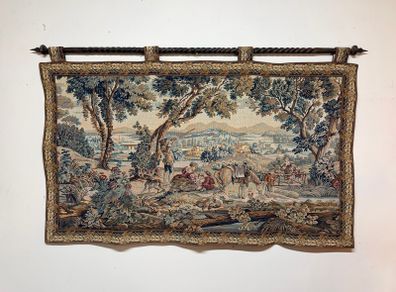 Vintage Hunting Scene Tapestry with Iron Rail
