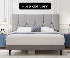 King Bed Frame, Light Grey, Upholstered Wooden Slat Bed Frame with Headboard, Easy Assembly, Underbed Storage, No Box Spring Needed 150x200