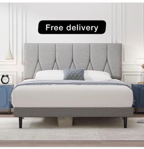 King Bed Frame, Light Grey, Upholstered Wooden Slat Bed Frame with Headboard, Easy Assembly, Underbed Storage, No Box Spring Needed 150x200