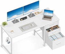 Computer Desk with Drawers, 120cm Office Desk with Storage, White Reversible Study Desk with Headphone Hook, Work Desk for Home Office, PC Desk for Gamers, Workers and Students