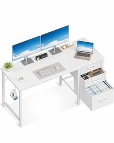 Computer Desk with Drawers, 120cm Office Desk with Storage, White Reversible Study Desk with Headphone Hook, Work Desk for Home Office, PC Desk for Gamers, Workers and Students