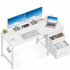 Computer Desk with Drawers, 120cm Office Desk with Storage, White Reversible Study Desk with Headphone Hook, Work Desk for Home Office, PC Desk for Gamers, Workers and Students