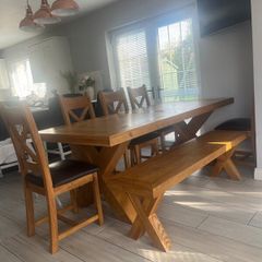 Table and chairs and bench