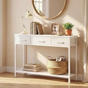 Console Table with 3 Fabric Drawers, Narrow Console Table with Open Shelf, 97 cm L Slim Entryway Table, Couch Table, for Hallway, Living Room, Bedroom, White