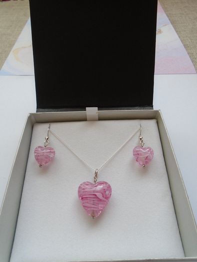 Jewellery set, Glass heart necklace.earrings,Silver jewellery.Valentines Day