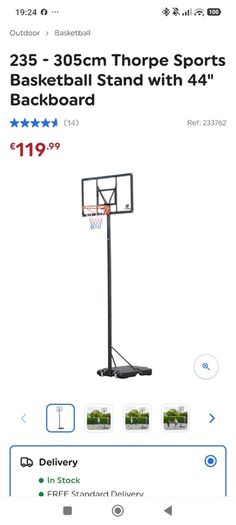 235 - 305cm Thorpe Sports Basketball Stand with 44" Backboard