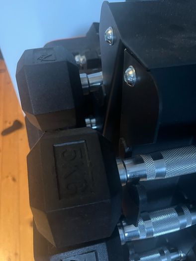 dumbells, rack and bench