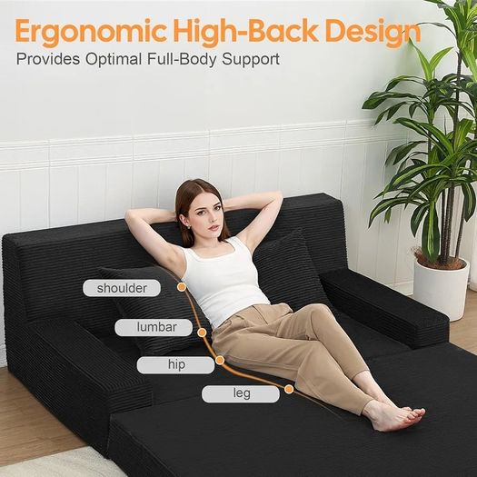 Convertible Folding Sofa Bed, Corduroy Boneless Couch, Black Folding Foam Boneless Couch with 2 Pillows, Sleeper Lounger Foldable Sofa for Small Spaces, Bedroom and Guest Room