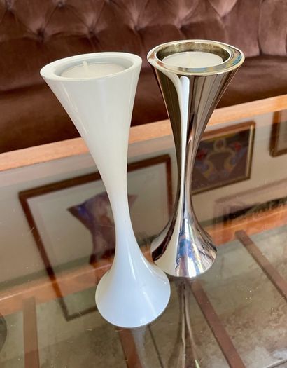 Vintage 20th Century Heavy Asymmetrical Stainless Steel and White Enamel Pair Of Candle Holders