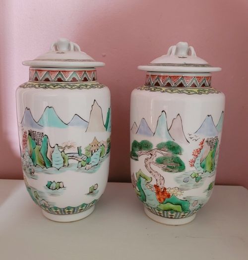 Vintage pair of asian porcelain lidded jars