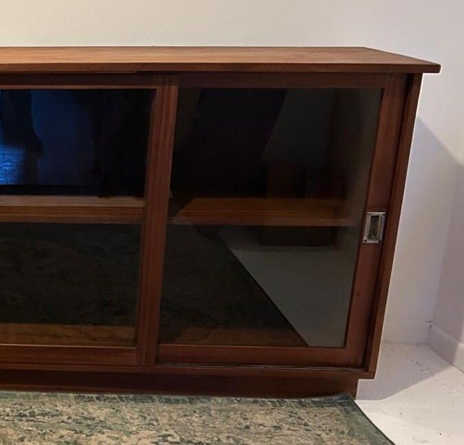 Original 1950s Mid Century Vintage Timber Shop Display Cabinet with Sliding Glass Doors