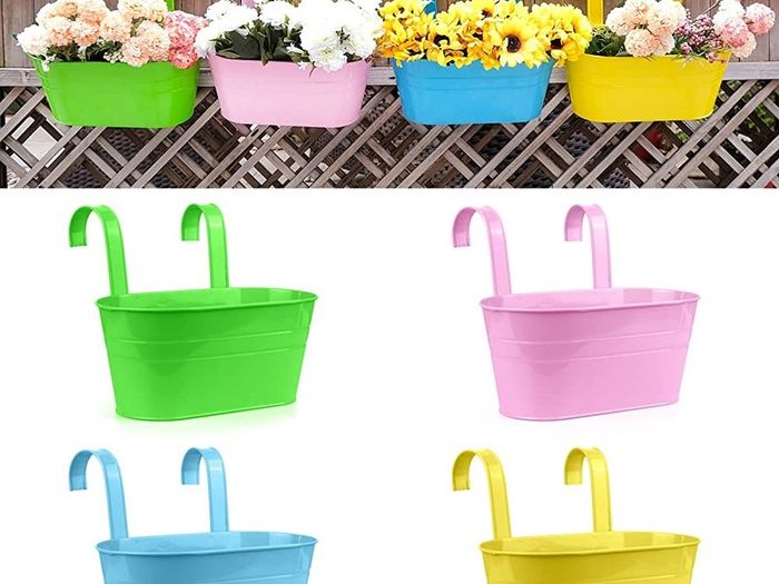 Flower Pots Metal Iron Hanging Flower Pots Garden Pots Balcony Planters Metal Bucket Flower Holders Wall Hanging Decor Pot- Detachable Hook (4 PCS) (Large)