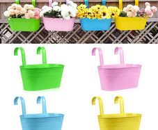 Flower Pots Metal Iron Hanging Flower Pots Garden Pots Balcony Planters Metal Bucket Flower Holders Wall Hanging Decor Pot- Detachable Hook (4 PCS) (Large)