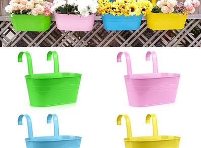 Flower Pots Metal Iron Hanging Flower Pots Garden Pots Balcony Planters Metal Bucket Flower Holders Wall Hanging Decor Pot- Detachable Hook (4 PCS) (Large)