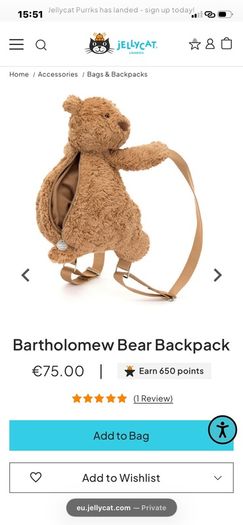 New JELLYCAT Bartholomew Bear Backpack