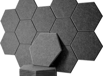 MULTIPLE COLOURS AVAILABLE | 12 Pack High Density Hexagon Acoustic Panels,Acoustic Foam Panels 30 x 26 x1 cm Beveled Edge Tiles