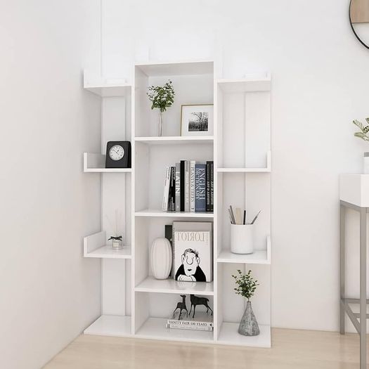 Book Cabinet in White Engineered Wood with Multiple Compartments and Compact Design for Living Room, Bedroom, Office