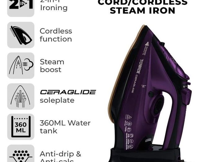 Tower T22008 CeraGlide Cordless Steam Iron with Ceramic Soleplate and Variable Steam Function, Purple