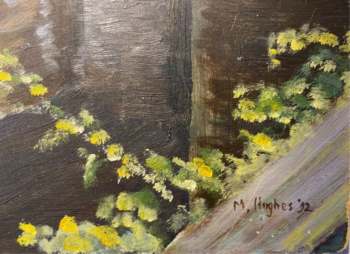 Oil on Board painting water wheel at Bayeux Normandy signed M Hughes 93 unframed