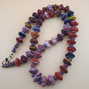 Vintage Venetian African Style Flower Shape Glass & Chevron Glass Beads Necklace 26 inches