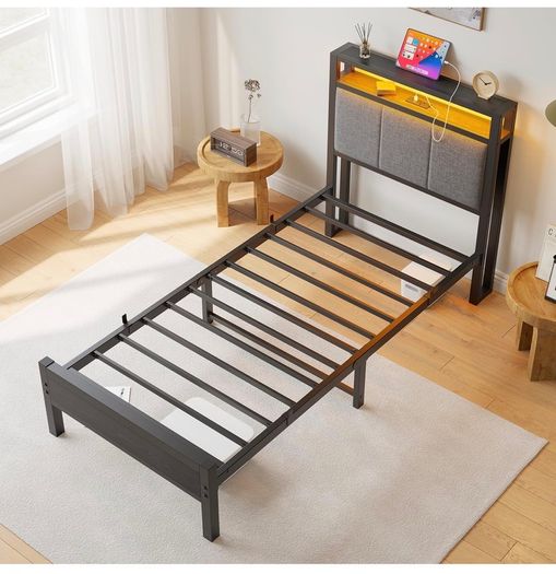 3FT Single Bed Frame with Storage Headboard, Black Metal Single Bed with Upholstered Headboard, LED Lights and Charging Station, Heavy Duty Metal Slats Support,Easy Assembly