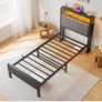 3FT Single Bed Frame with Storage Headboard, Black Metal Single Bed with Upholstered Headboard, LED Lights and Charging Station, Heavy Duty Metal Slats Support,Easy Assembly Image 4