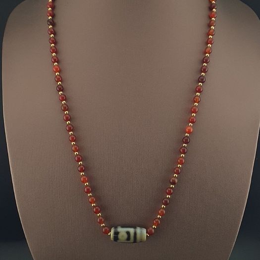 Vintage Carnelian Agate From Mali With Himalayan 1 Eyes Tibetan Agate Dzi Pendant Necklace