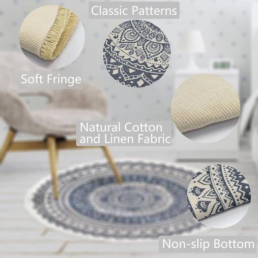 Round Cotton Area Rugs 90cm Washable Machine Hand Woven Tassels Circle Rug Carpet Chic Bohemian Pattern Floor Mats Boho rug for Bedroom Living Room Sofa Coffee Table Swing Chair Bed Side