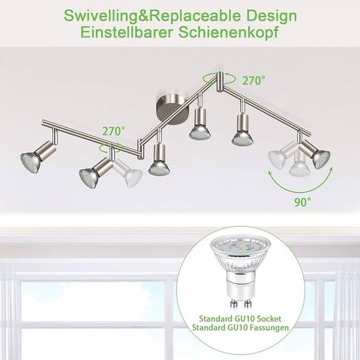 NEW SALE | LED Ceiling Light Rotatable, 6 Way LED Ceiling Spotlight, Matt Nickel & Swivelling Design, for Kitchen, Living Room, Bedroom, Including 6X 4W GU10 LED Bulbs
