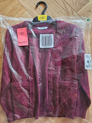 M&S Girls Cotton Rich Burgundy School Cardigan 6-7 Years