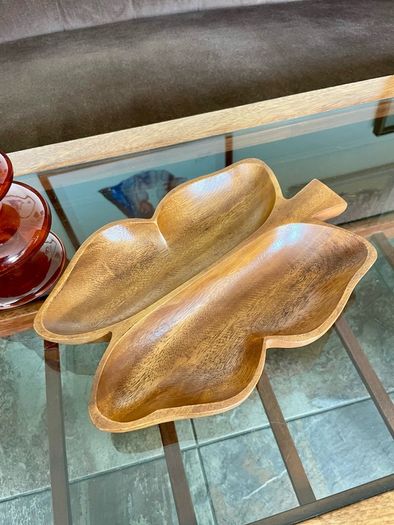 Vintage Teak Wood Serving Butterfly Leaf Shaped Bowl Two Section Tray