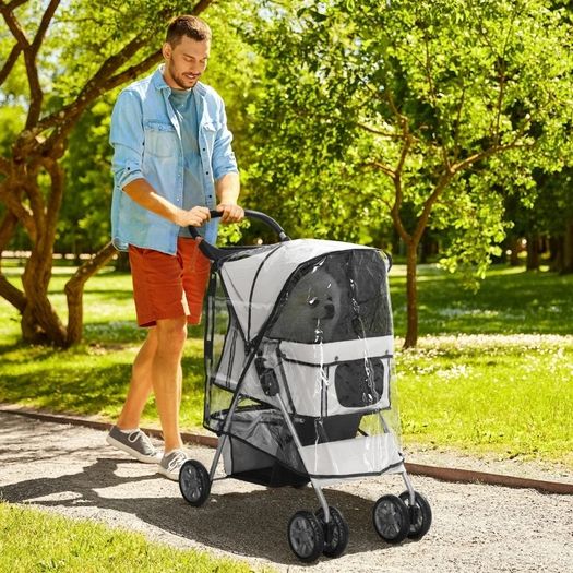 Pet Stroller for Small Miniature Dogs, Cats, Foldable Travel Carriage with Wheels Zipper Entry, Cup Holder, Storage Basket - Grey