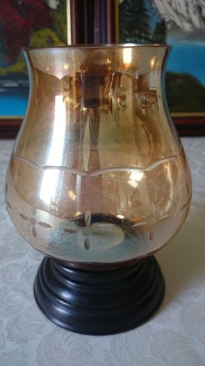 Vintage Etched Amber Glass Hurricane Lamp With Black Base Stand