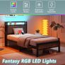3ft Single Bed Frame with Storage Headboard,LED Lights,Metal Upholstered Platform Bed Frame with Charging Station,Mattress Foundation/Strong Slats Support/Under-bed Storage/Easy Assembly/Brown Image 7